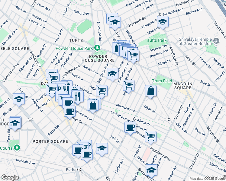 map of restaurants, bars, coffee shops, grocery stores, and more near in Somerville