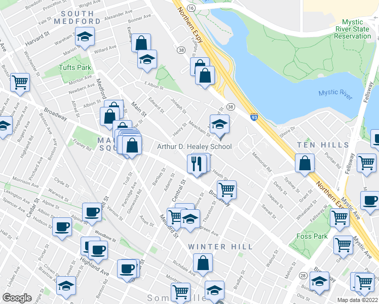 map of restaurants, bars, coffee shops, grocery stores, and more near 10 Moreland Street in Somerville