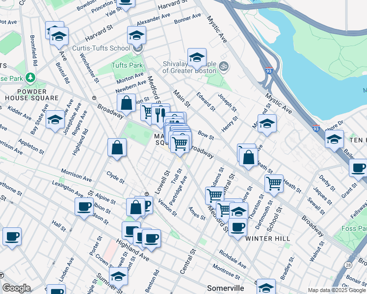 map of restaurants, bars, coffee shops, grocery stores, and more near 474 Broadway in Somerville