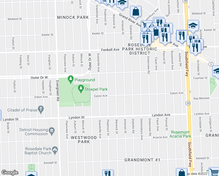 map of restaurants, bars, coffee shops, grocery stores, and more near 14852 Piedmont Street in Detroit