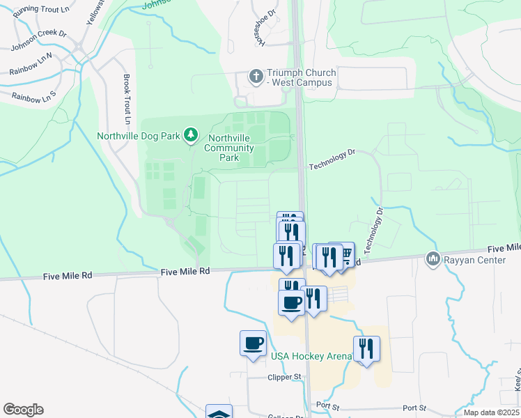map of restaurants, bars, coffee shops, grocery stores, and more near 47676 Alden Terrace South in Northville