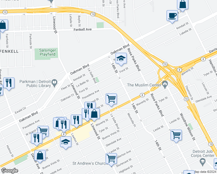 map of restaurants, bars, coffee shops, grocery stores, and more near 2303 Pasadena Street in Detroit