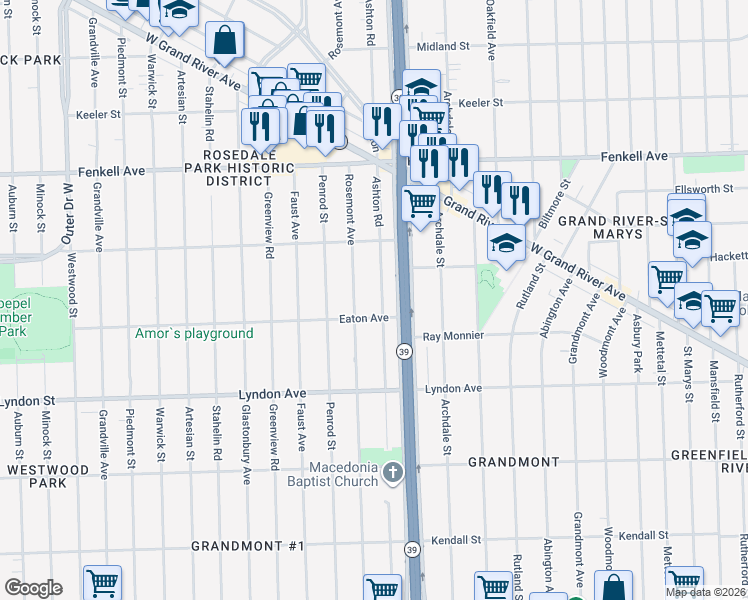 map of restaurants, bars, coffee shops, grocery stores, and more near 14650 Rosemont Avenue in Detroit