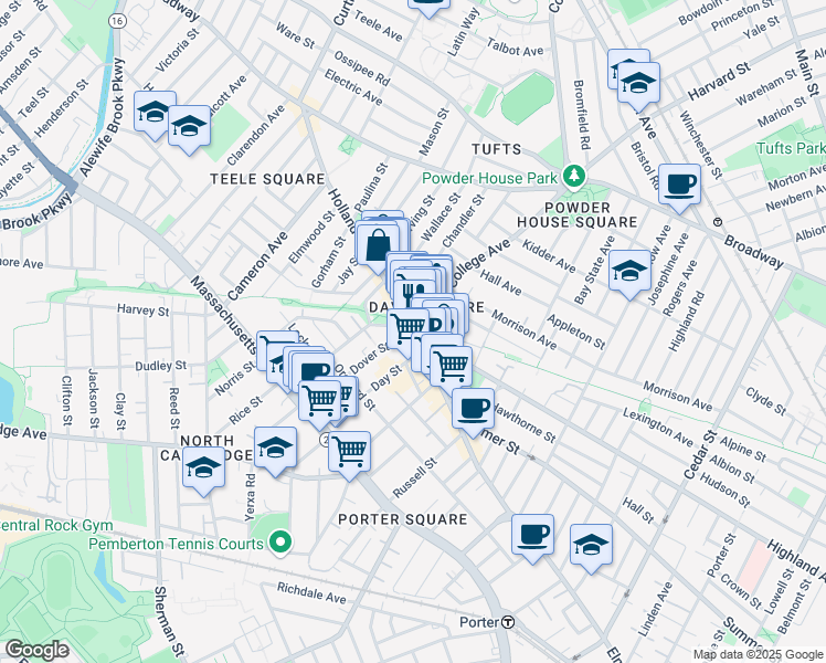 map of restaurants, bars, coffee shops, grocery stores, and more near 55 Davis Square in Somerville