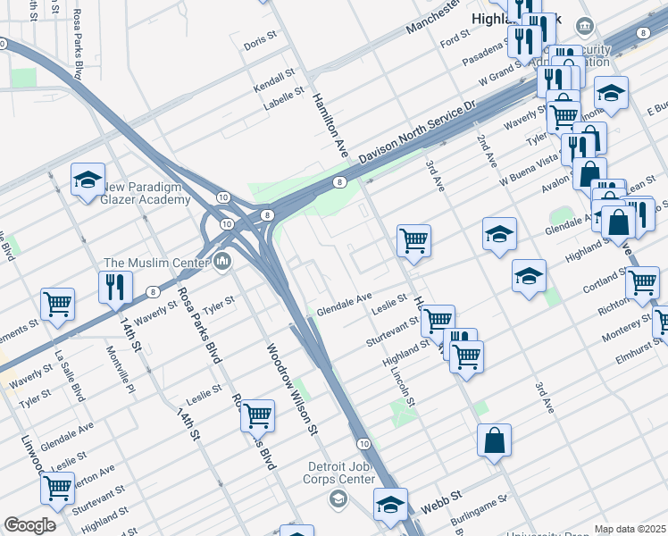map of restaurants, bars, coffee shops, grocery stores, and more near 330 Glendale Avenue in Highland Park