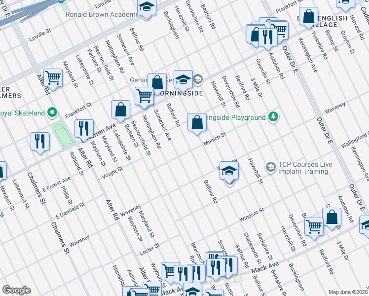 map of restaurants, bars, coffee shops, grocery stores, and more near 4683 Balfour Road in Detroit