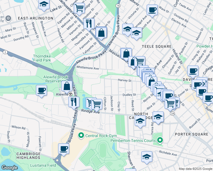 map of restaurants, bars, coffee shops, grocery stores, and more near 190 Harvey Street in Cambridge