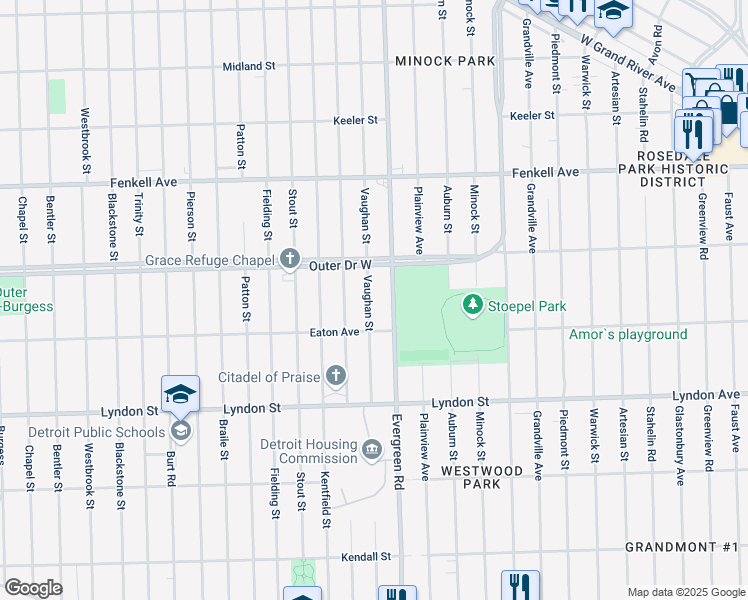 map of restaurants, bars, coffee shops, grocery stores, and more near 14866 Vaughan Street in Detroit