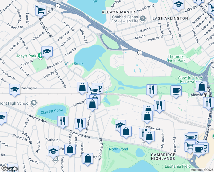 map of restaurants, bars, coffee shops, grocery stores, and more near 55 Hill Road in Belmont