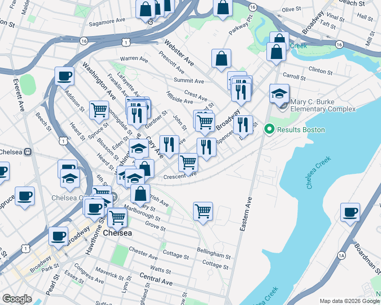 map of restaurants, bars, coffee shops, grocery stores, and more near 751 Broadway in Chelsea