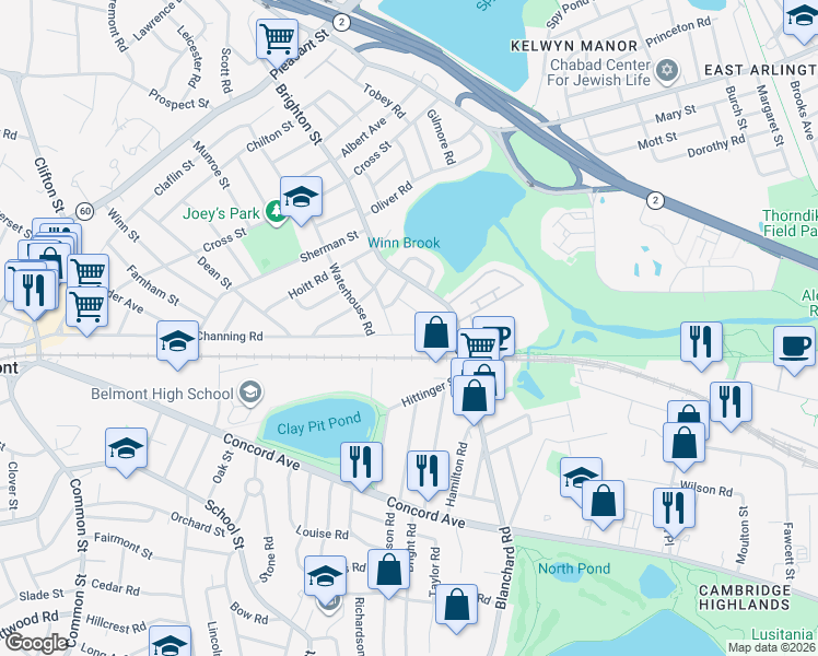 map of restaurants, bars, coffee shops, grocery stores, and more near 20 Eliot Road in Belmont