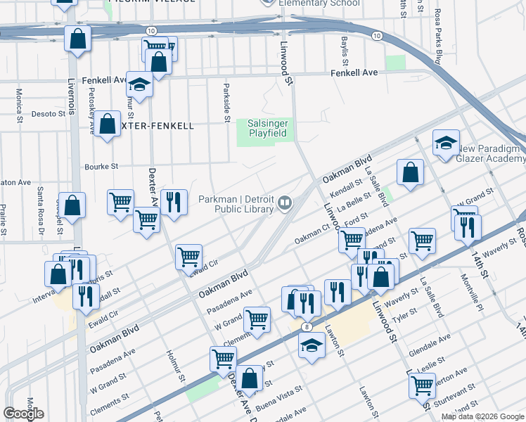 map of restaurants, bars, coffee shops, grocery stores, and more near 2901 Doris Street in Detroit
