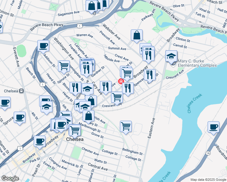 map of restaurants, bars, coffee shops, grocery stores, and more near 55 Parker Street in Chelsea
