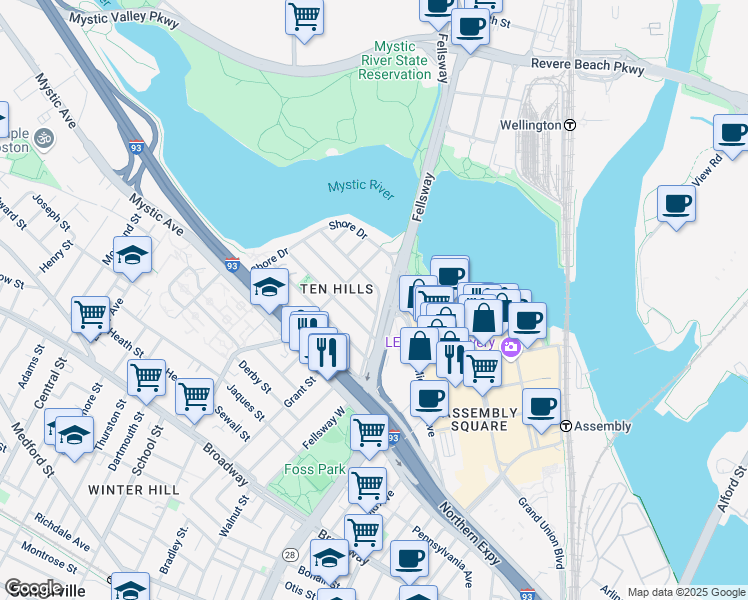 map of restaurants, bars, coffee shops, grocery stores, and more near 218 Fellsway in Somerville