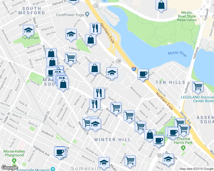 map of restaurants, bars, coffee shops, grocery stores, and more near 53 Moreland Street in Somerville