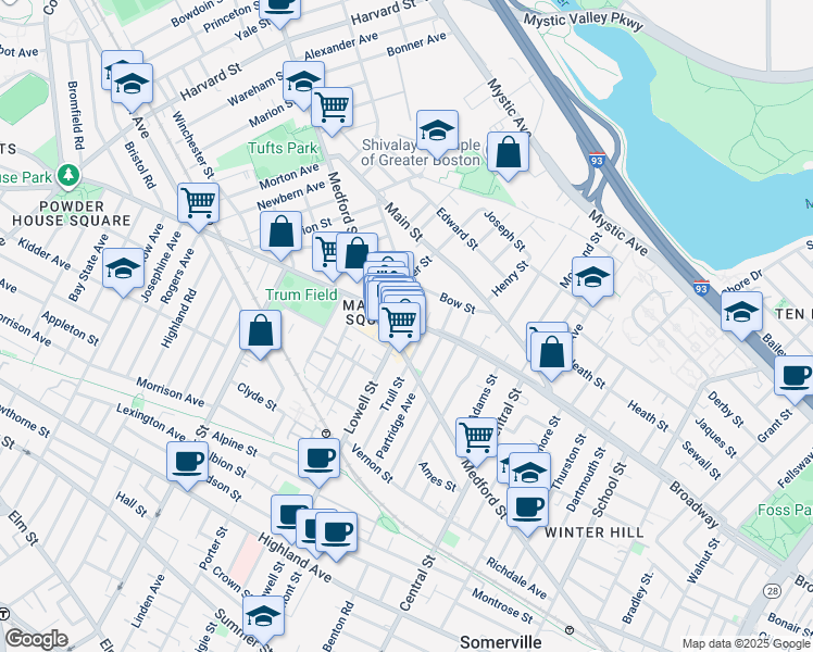 map of restaurants, bars, coffee shops, grocery stores, and more near 483 Broadway in Medford