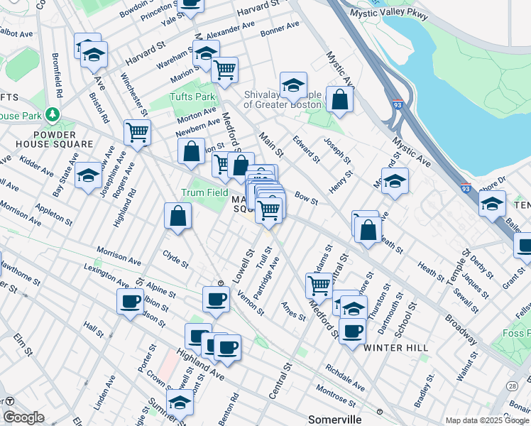 map of restaurants, bars, coffee shops, grocery stores, and more near 483 Broadway in Medford