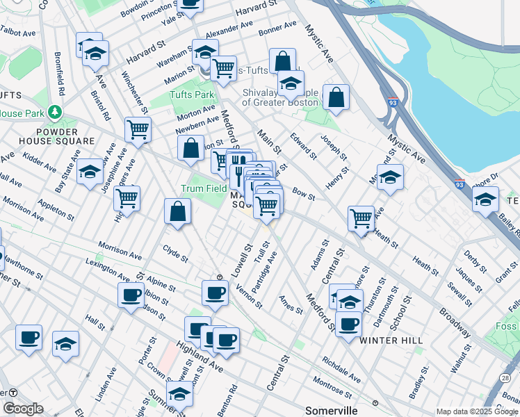map of restaurants, bars, coffee shops, grocery stores, and more near in Somerville