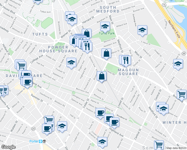 map of restaurants, bars, coffee shops, grocery stores, and more near 90 Prichard Avenue in Somerville
