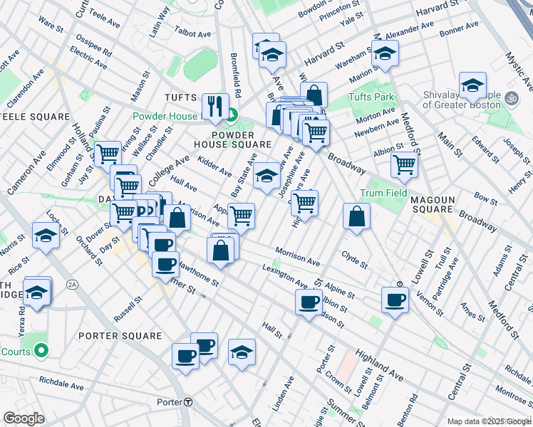 map of restaurants, bars, coffee shops, grocery stores, and more near 200 Willow Avenue in Somerville