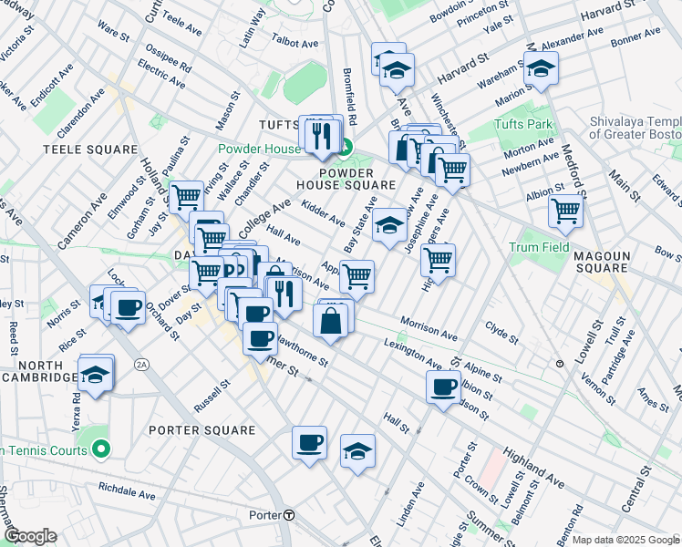 map of restaurants, bars, coffee shops, grocery stores, and more near 91 Bay State Avenue in Somerville