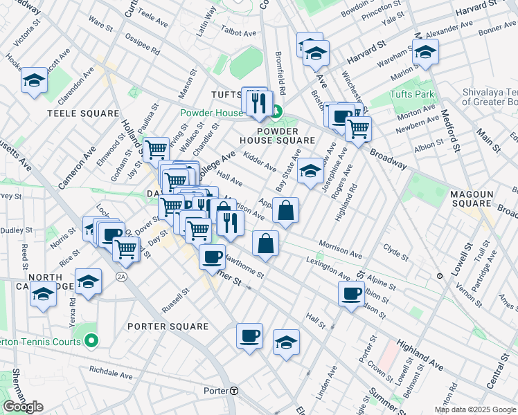 map of restaurants, bars, coffee shops, grocery stores, and more near 63 Hall Avenue in Somerville