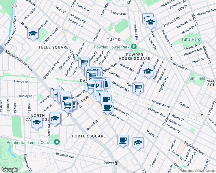 map of restaurants, bars, coffee shops, grocery stores, and more near 10 Winslow Avenue in Somerville