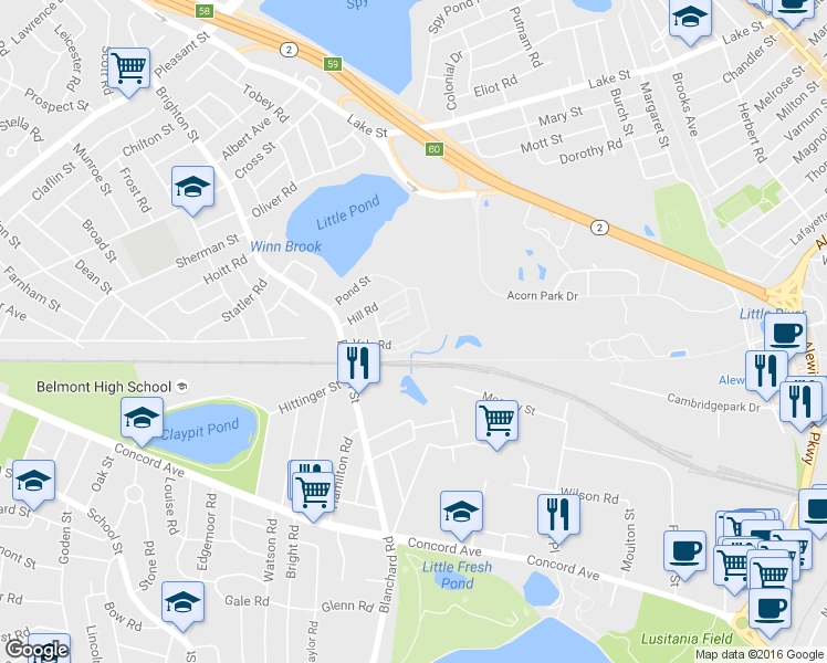 map of restaurants, bars, coffee shops, grocery stores, and more near 55 Hill Road in Belmont