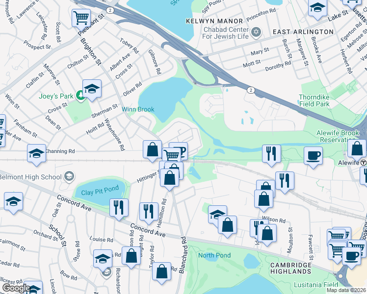 map of restaurants, bars, coffee shops, grocery stores, and more near 49 Hill Road in Belmont