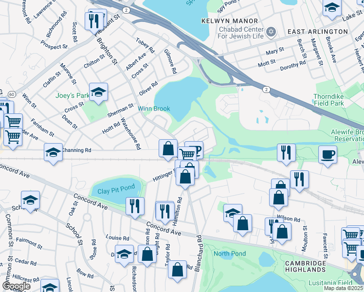 map of restaurants, bars, coffee shops, grocery stores, and more near 14-20 Hill Road in Belmont
