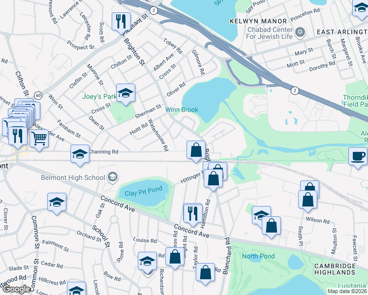 map of restaurants, bars, coffee shops, grocery stores, and more near 20 Eliot Road in Belmont