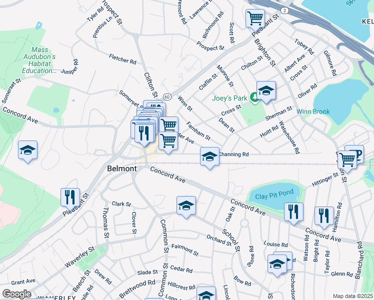 map of restaurants, bars, coffee shops, grocery stores, and more near 86 Alexander Avenue in Belmont