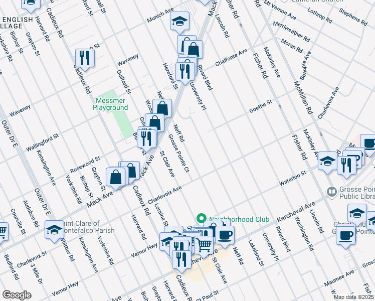 map of restaurants, bars, coffee shops, grocery stores, and more near 813 Lakeland Street in Grosse Pointe