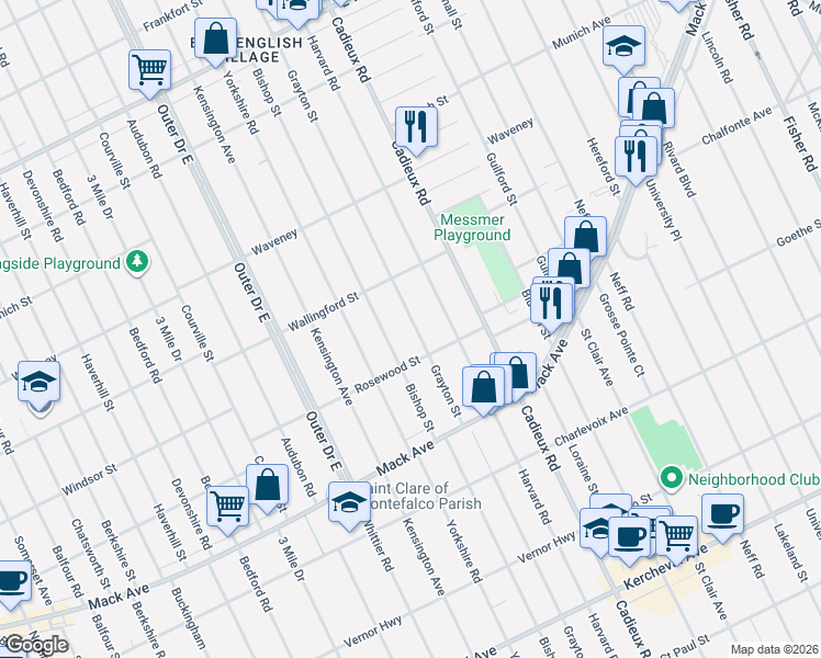 map of restaurants, bars, coffee shops, grocery stores, and more near 3893 Harvard Road in Detroit