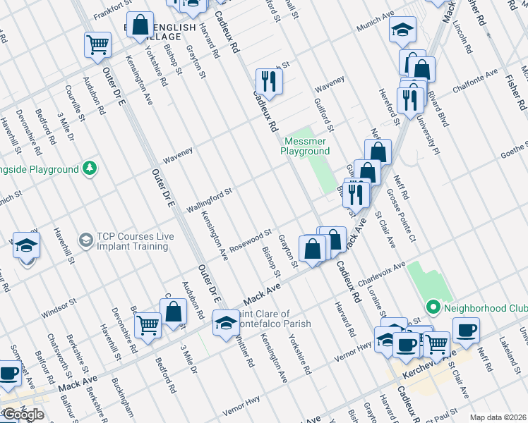 map of restaurants, bars, coffee shops, grocery stores, and more near 3929 Grayton Street in Detroit