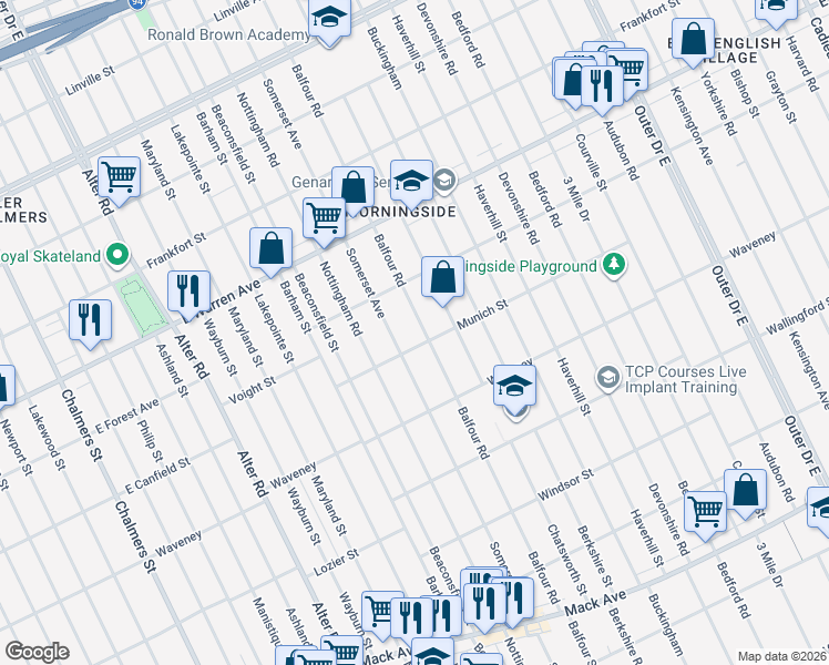 map of restaurants, bars, coffee shops, grocery stores, and more near 4683 Balfour Road in Detroit