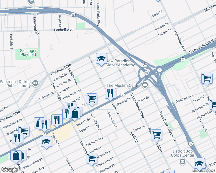 map of restaurants, bars, coffee shops, grocery stores, and more near 2016 Grand Street in Detroit