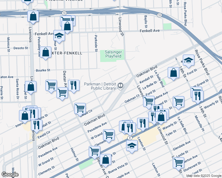 map of restaurants, bars, coffee shops, grocery stores, and more near 2901 Doris Street in Detroit