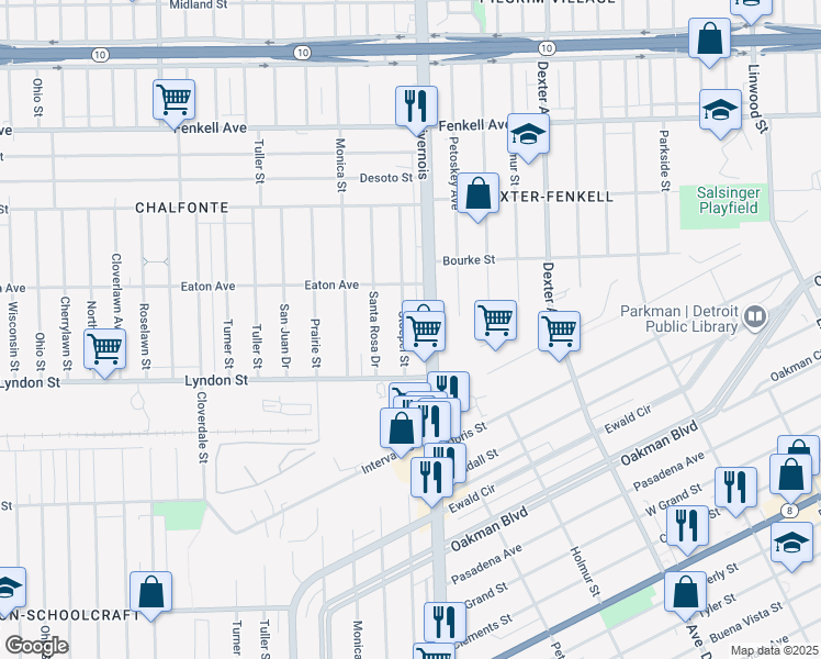 map of restaurants, bars, coffee shops, grocery stores, and more near 14649 Livernois in Detroit
