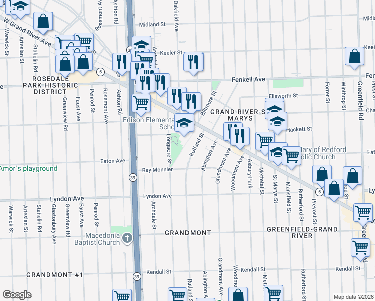map of restaurants, bars, coffee shops, grocery stores, and more near 17045 Grand River Avenue in Detroit