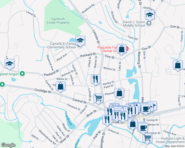 map of restaurants, bars, coffee shops, grocery stores, and more near 58 Warner Street in Hudson