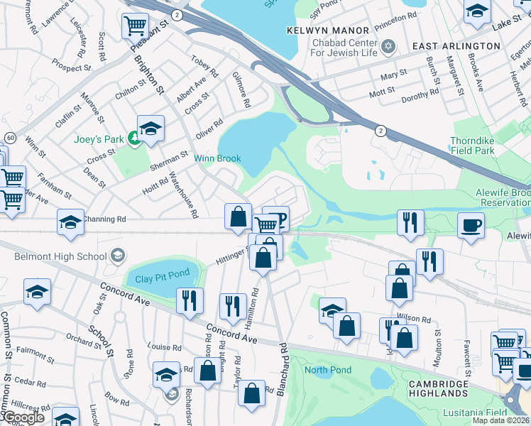 map of restaurants, bars, coffee shops, grocery stores, and more near 14-20 Hill Road in Belmont