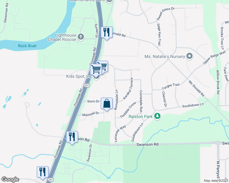 map of restaurants, bars, coffee shops, grocery stores, and more near 9382 Romeldale Lane in Roscoe