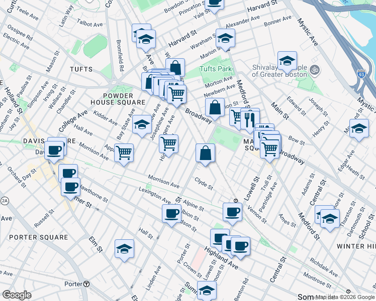 map of restaurants, bars, coffee shops, grocery stores, and more near 69 Prichard Avenue in Somerville