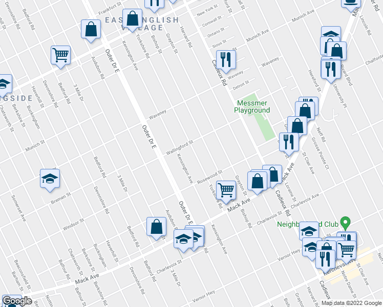 map of restaurants, bars, coffee shops, grocery stores, and more near 3927 Yorkshire Road in Detroit