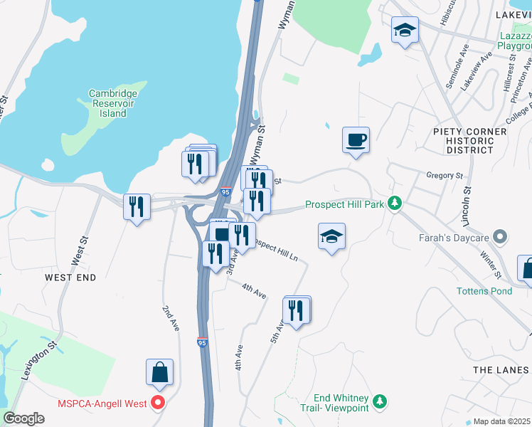 map of restaurants, bars, coffee shops, grocery stores, and more near 460 Totten Pond Road in Waltham