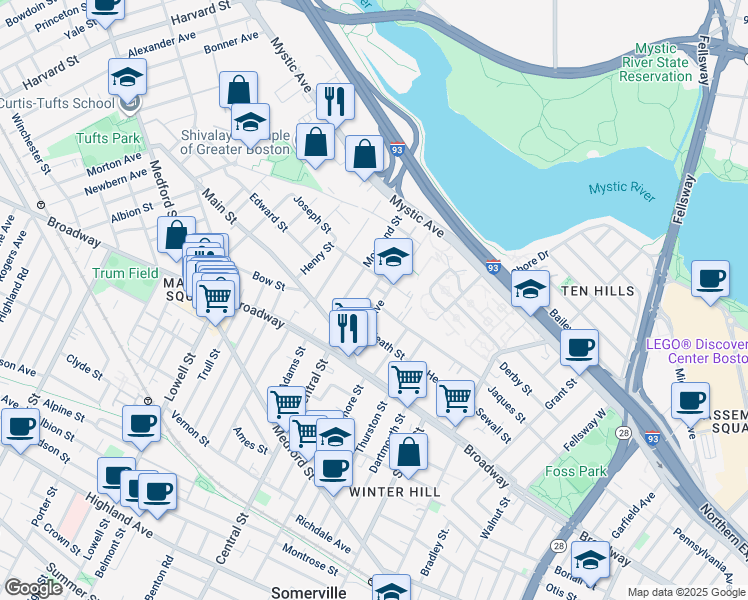 map of restaurants, bars, coffee shops, grocery stores, and more near 53 Moreland Street in Somerville