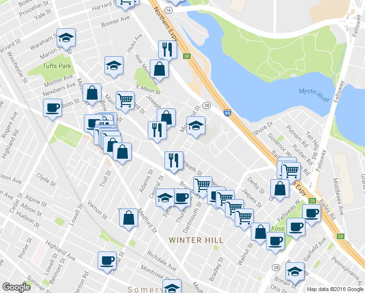 map of restaurants, bars, coffee shops, grocery stores, and more near Century Street & Edgar Terrace in Somerville