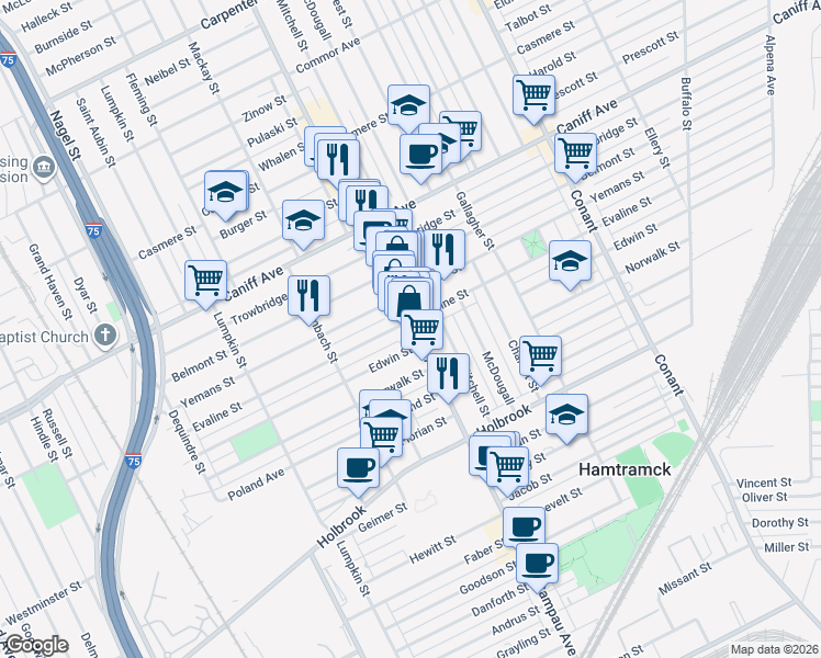 map of restaurants, bars, coffee shops, grocery stores, and more near 9840 Joseph Campau Avenue in Hamtramck