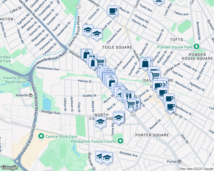 map of restaurants, bars, coffee shops, grocery stores, and more near 7 Cameron Avenue in Cambridge